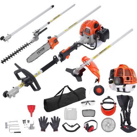 VEVOR 52CC 6-in-1 multifunctionele heggenschaar, benzineheggenschaar, onkruidverdelger, draadtrimmer, bosmaaier, kantenmaaier, stoksnoeischaar, kettingzaag, snoeizaag met verlengstok