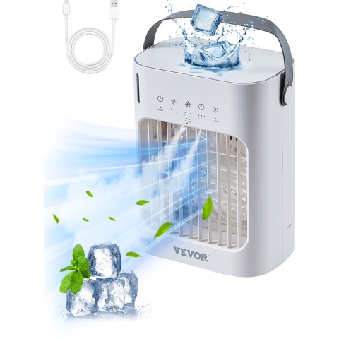 VEVOR draagbare airconditioner, 4-in-1 luchtkoeler, 3-snelheden mini-luchtkoeler met slimme timer van 0-7 uur, 700 ml watertank, 7-kleuren licht, persoonlijke mini-bureau-aircoventilator voor slaapkamer en kantoor