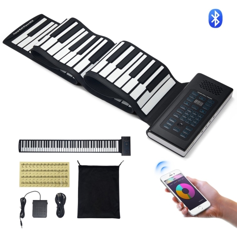 VEVOR 88-toetsen Roll-Up Keyboard Piano met 128 ritmes en 128 tonen, draagbare elektrische digitale handrollpiano met oplaadbare batterij, 2W-luidspreker, LED-scherm, 5 poorten, MIDI-functie, voor kinderen, beginners en volwassenen