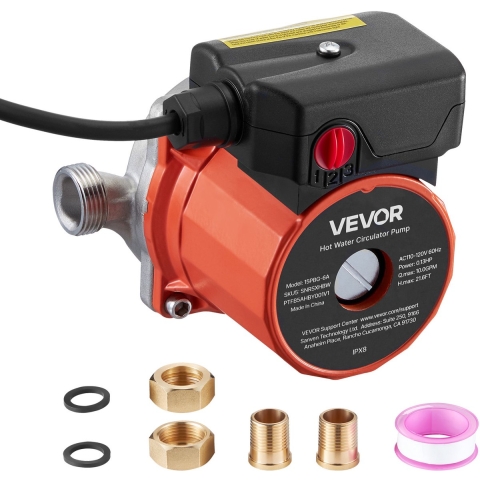 VEVOR circulatiepomp, 38 l/min, direct recirculatiepompsysteem, 3-snelheidsregeling, 100 W, AC 220-240 V, G3/4" naar G1/2" adapter, roestvrijstalen kop, voor boilersysteem