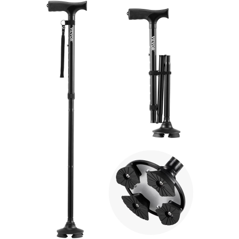 VEVOR wandelstok, opvouwbare wandelstok met 8-traps hoogteverstelling (770-940 mm), lichtgewicht en draagbaar aluminium loophulpmiddel voor senioren en volwassenen, draagvermogen 113 kg (zwart)