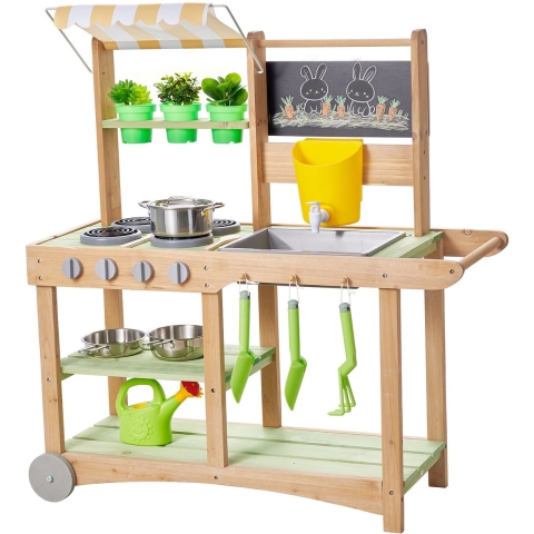 VEVOR Speelkeuken, Kinderkeuken, Speelgoedkeuken met Lepels, Spoelbak, Zonnescherm, Zwenkwielen, Kookgerei & Accessoires, Houten Keuken, Ideaal voor Kinderen vanaf 3 jaar, 880x326x900 mm