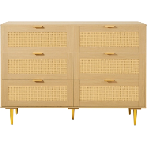 VEVOR Rattan Commode met 6 Laden, Metalen Handgrepen en Poten, Moderne Rattan Kast voor Slaapkamer, Woonkamer, Hal (120 x 39,5 x 85,4 cm) Kledingkast