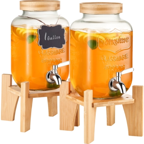 VEVOR Drankdispenser, 1 Gallon Party Drankdispenser, Glazen Sapdispenser met Standaard, RVS Kraan, IJsthee Limonade Sap Waterdispenser, voor Restaurants, Hotels, Feesten