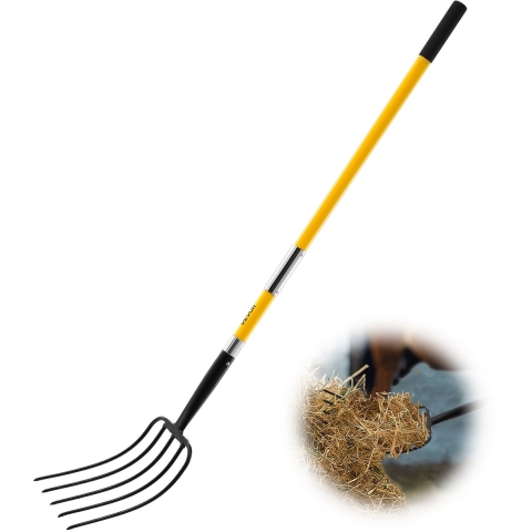 VEVOR Mestvork 1450 mm, 5-puntige hooivork met glasvezelsteel, mestvork, mestvork, tuinvork, gesmede stalen spitvork voor hooi, aardappelcompostering, verplanten en beluchting