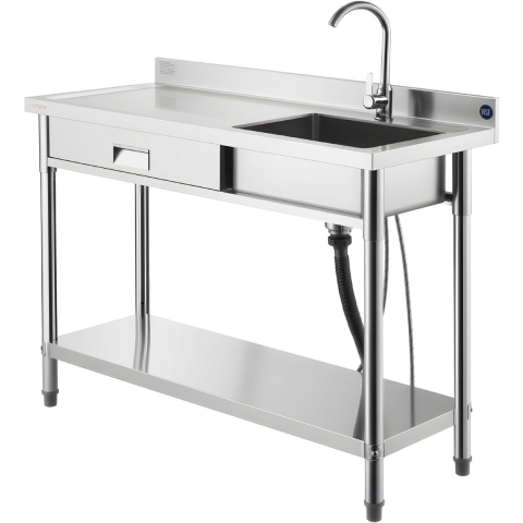 VEVOR RVS spoelbak (120 x 50 x 94 cm), enkele kom met kraan en lade, keukenwastafel voor garage, restaurant, wasruimte, buitenwastafel met werkblad (links)