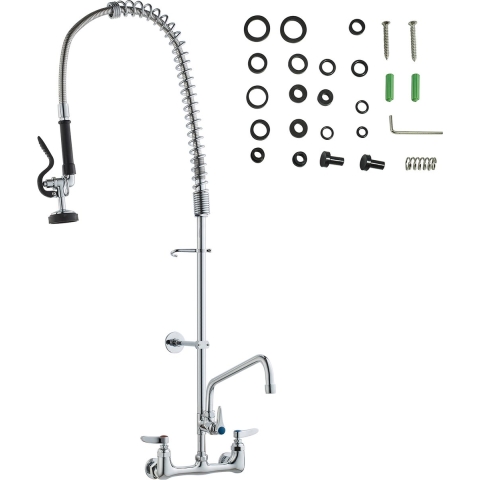 VEVOR Commerciële kraan met voorspoeldouche, 111 cm hoog, 203 mm midden, 305 mm draaibare uitloop, aan de muur gemonteerde keukenkraan, messing constructie met uittrekbare sproeier, voor 1/2/3-cabine wastafel