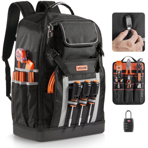 VEVOR Gereedschapsrugzak, 56 zakken, gereedschapstassen met gegoten bodem, gereedschapstas, rugzak voor op de bouwplaats voor bouwplaatsen, elektriciens, industrie, reparatie- en verwarmingsmonteurs