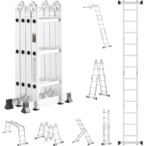 VEVOR Multifunctionele Ladder, 7-in-1 Multifunctionele Ladder, A-Frame, 3-traps Verstelbare Telescopische Ladder, 3,5m Hoge Uitschuifladder, Laddersteiger, Draagvermogen 150kg voor Thuis- en Buitenwerk