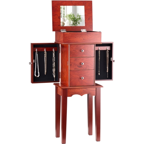 VEVOR Sieradenkast, staande houten sieradenkast met 3 lades, opklapbare spiegel, 4 bovenste planken, handgrepen van zinklegering, 2 zijdeuren met 6 kettinghaken