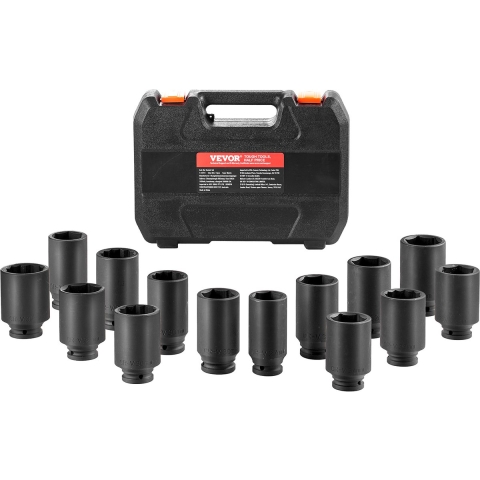 VEVOR Slagsleutelset voor asmoeren 12,7 mm aandrijving, diepe 6- en 12-punts doppenset, metrisch, 14-delig, CR-V doppenset met opbergkoffer, autoreparatie zwart