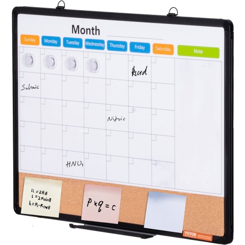 VEVOR 24" x 18" Maandelijkse Kalender Whiteboard en Prikbord Combo met Aluminium Frame - 2-in-1 Magnetisch Droog Uitwisbaar Prikbord voor Wandmontage - Ideaal voor School, Thuis, Kantoor