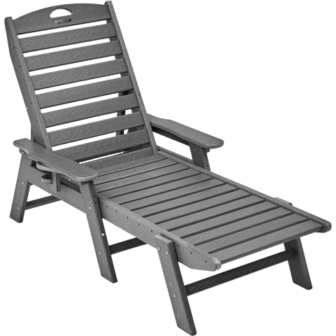 VEVOR ligstoel, draagvermogen 181 kg, HDPE tuinligstoel, strandligstoel met 6-voudig verstelbare rugleuning, armleuning, bekerhouder, balkonligstoel, terrasligstoel voor zwembad, terras, patio, gazon, grijs