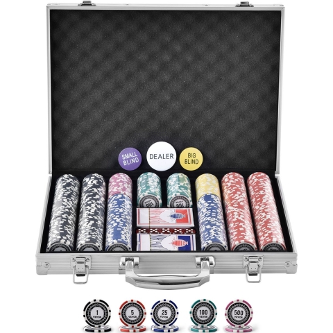 VEVOR Pokerchipset, 500-delige pokerset, complete pokerset van kunststof met aluminium pokerkoffer, kaarten, buttons en dobbelstenen, complete set voor 9-10 spelers voor Texas Hold'em, Blackjack, gokken etc.
