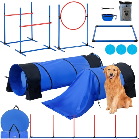 VEVOR Agility Trainingsuitrusting voor Honden, 7-delige Set met Verstelbare Hoge Horden, 6 Slalompalen, 2 Tunnels, Springring, Snackbox, 3 Frisbees, Fluitje, Opvouwbare Voerbak, Puppy Hindernisbaanset met 3 Tassen