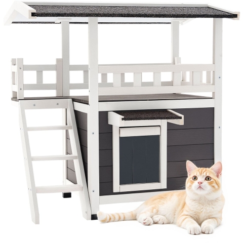 VEVOR Buitenkattenhuis, 2-laags houten kattenhuis met trap en balkon, verhoogde kattenhut, ruime ruimte, voor binnen- en buitenkatten in de winter, 762x563x774 mm