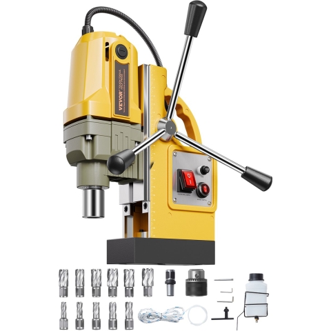 VEVOR Magnetische Boorkernboormachine 1400W φ50mm, 12500N Draagbare Elektrische Magneetboormachine met 11 Kernboren, 800rpm Boor voor Metalen Oppervlakten Industrie DIY Geel