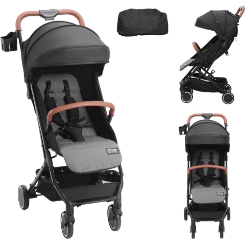 VEVOR Kinderwagen, met 95°-175° verstelbare rugleuning en 0/90° verstelbare voetensteun en één-klik-vouwfunctie, kinderwagen voor pasgeborenen met bekerhouder en reiswieg, zwart