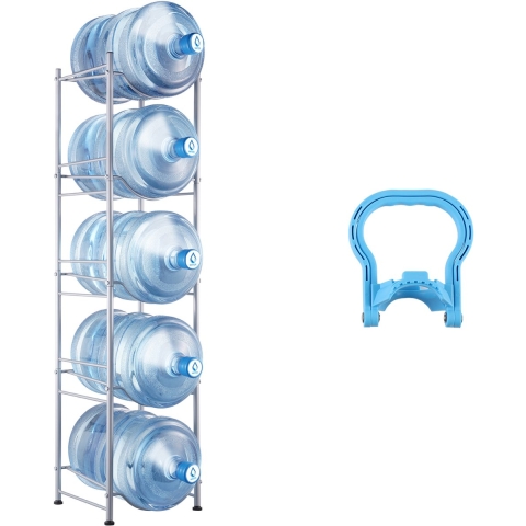 VEVOR 5-laags waterkanhouder, 5 gallon waterfleshouder, enkellaags ijzeren waterflesrek voor 5 flessen, zwaar uitgevoerd waterkanrek waterkanhouder voor keuken, kantoor, woonkamer, zilver