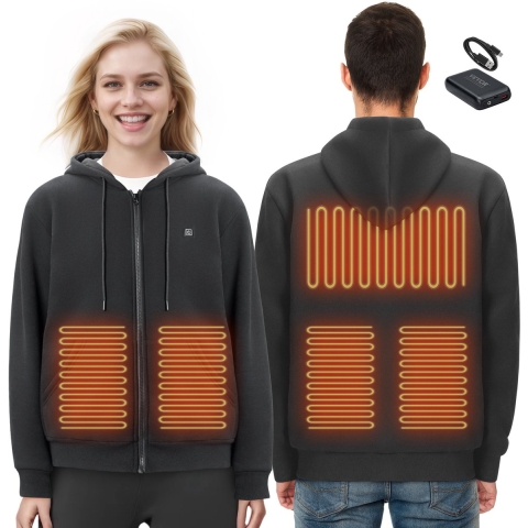 VEVOR Verwarmde Hoodie, Unisex Verwarmde Sweatshirt met 7,4V Batterij, Elektrische Jas met Rits en 5 Verwarmingszones voor Mannen en Vrouwen, Lichtgewicht Warme Verwarmde Outdoor Trui voor Kamperen, Maat S, Zwart