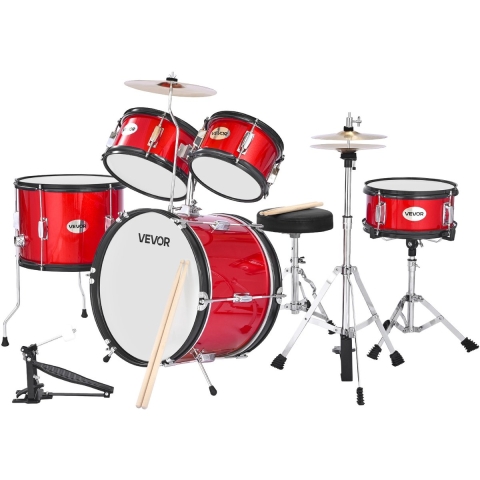 VEVOR Drumset, 5-delig drumstel voor beginners, inclusief bastrommel, snaredrum, tomtoms, floortom, crashbekkens, hihat met standaard, muziekleerinstrumentset, voor kinderen van 6-13 jaar (rood)