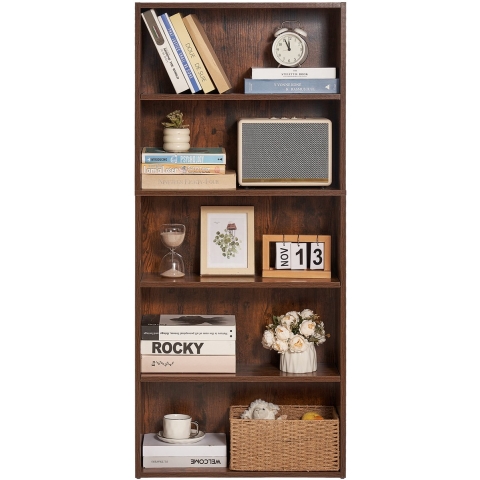 VEVOR Slanke boekenkast met 5 rechthoekige compartimenten en in hoogte verstelbare plank, 1345 mm hoge staande opbergplank van E1-spaanplaat, displayplank voor woonkamer/slaapkamer, bruin