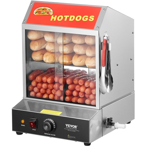 VEVOR Hotdogstomer, 27L, 2-laags hotdoghutstomer, temperatuurregeling van 30℃ tot 85℃, elektrische broodjeswarmer met schuifdeuren van gehard glas, verdeelplaattang, roestvrij staal, voor hotdogs en broodjes