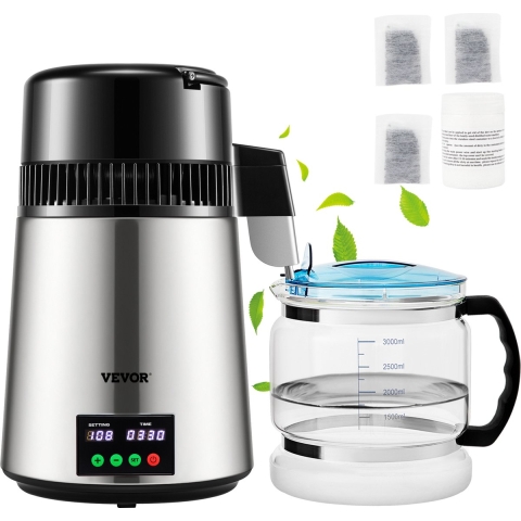 VEVOR Waterdestilleerder 1L/H Huishoudelijke Zilveren Waterdestilleerder Maak Gedistilleerd Water 750W, Dubbel Scherm Roestvrijstalen Distilleersysteem met Glazen Kan Distilleer Zuiver Water
