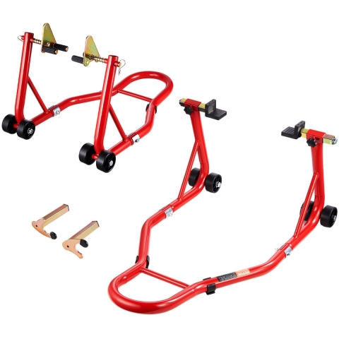 VEVOR Motorfietsstandaardlift (385 kg laadvermogen) voor- en achter dubbele vorkstandaard, achter U+L vork swingarm spoelstandaard, voor de meeste Yamaha Honda Kawasaki Suzuki motorfietsen, rood