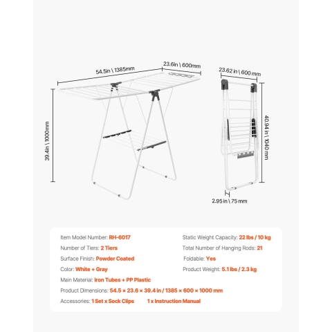 VEVOR Droogrek (2-laags & opvouwbaar) met sokkenklemmen & 21 droogstangen, in hoogte verstelbaar metalen droogrek, vrijstaande & ruimtebesparende kledinghanger voor wasruimtes, balkons