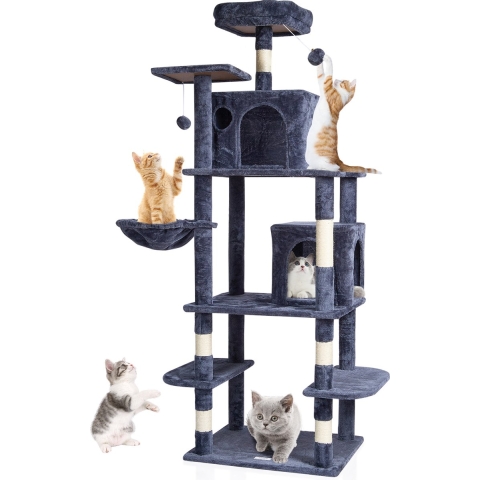 VEVOR Kattenboom voor binnenkatten, 173,5 cm kattentoren met 2 kattenhuizen, sisal krabpaal, hangmat, zitstok, springplatforms, groot kattenmeubel, activiteitencentrum met hangende bal, donkergrijs