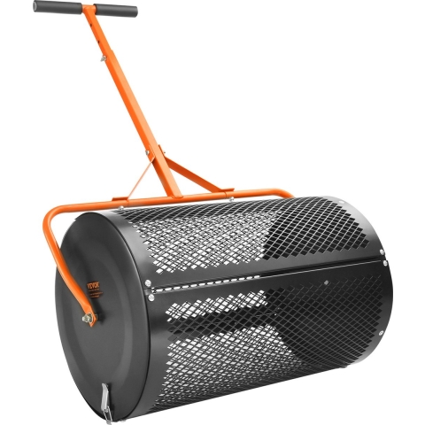 VEVOR Compost- en Turfstrooier, 61 cm Gazonstrooier met Rol en in Hoogte Verstelbare T-vormige Handgreep, Tuinstrooier met Stalen Gaasmand en Zijvergrendelingen, voor het Verspreiden van Mest en Teelaarde, Zwart