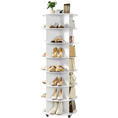 VEVOR Schoenenrek/Schoenenkast voor 28 paar schoenen (7 lagen), 360° draaibaar, schoenenopbergrek met wielen, schoenenrek voor slaapkamer, woonkamer, hal, wit, 598 x 598 x 1670 mm
