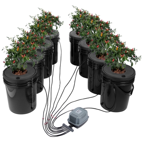 VEVOR DWC Hydroponics Kweeksysteem, Hydroponisch kweeksysteem, Diepwatercultuur 5 Gallon 8 Emmers, DWC-systeem met luchtpomp, luchtstenen en waterniveau-indicator voor bladgroenten