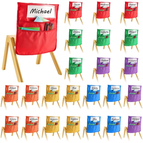 VEVOR Classroom Chair Pocket, 24-pack, 47 x 51 cm, rugleuningzak met naamplaatje, 6 kleuren, stoelrugorganizer voor kinderen in het klaslokaal, de kleuterschool, op school en thuis