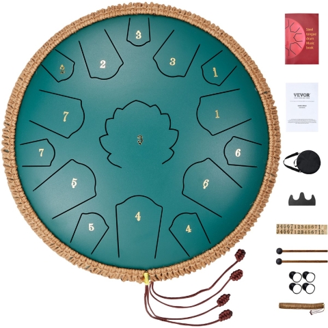 VEVOR Tongue Drum 356mm, stalen tongtrommel 15 tonen, regentrommel, C majeur toonsoort, regenklokkenspel met 2 stokken en draagtas, handpantrommel, percussie-instrument voor muzieklessen en yoga, groen