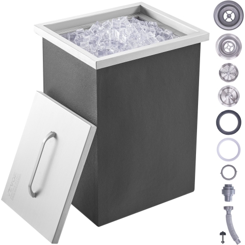 VEVOR Drop-in ijsbox, 25,3 liter roestvrijstalen ijskoeler, 355 x 305 x 461 mm commerciële ijscontainer met deksel, ingebouwde ijskast, afvoerpijp en afvoerplug inbegrepen