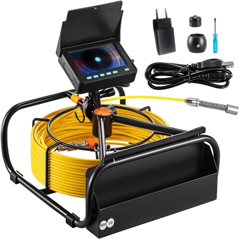 VEVOR Rioolcamera, 50 m, 10,9 cm Rioolinspectiecamera met verlichting - 6 verstelbare LED's, 16 GB kaart, 3x zoom en 8500 mAh batterij met hoge capaciteit, IP68 Rioolcamera voor Rioolbuizen