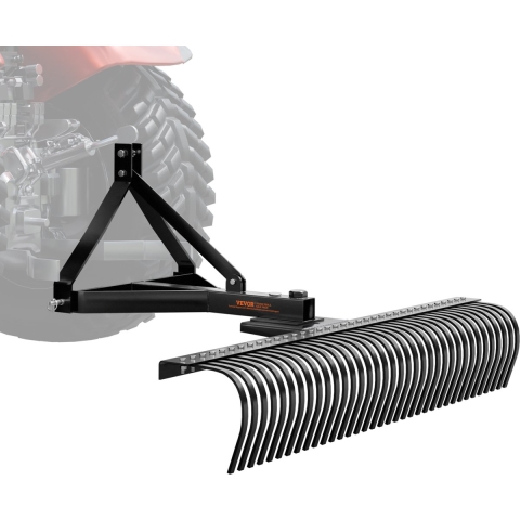 VEVOR 183 cm getrokken verticuteermachine met 36 tanden, 3-punts gazonverticuteermachinehark met hulpstukken voor tractoren, landschapshark voor tuin, boerderijgras