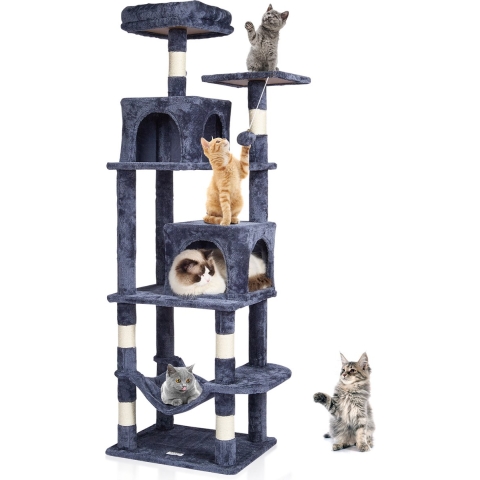 VEVOR Kattenboom voor binnenkatten, 160 cm kattentoren met 2 kattenhuizen, sisal krabpaal, hangmat, zitstok, springplatforms, groot kattenmeubel, activiteitencentrum met hangende bal, donkergrijs