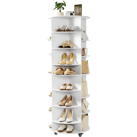 VEVOR Schoenenrek, Schoenenkast voor 28 paar schoenen (7 lagen), 360° draaibaar, rolbare schoenenopbergkast, schoenenrek voor slaapkamer, woonkamer, hal, wit, 588 x 588 x 1646 mm