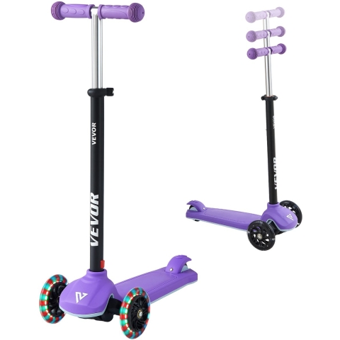 VEVOR Scooter (3 wielen) voor kinderen vanaf 3 jaar, stadsscooter voor kinderen met lichtgevende wielen, in hoogte verstelbaar stuur, antislip platform en lichtgewicht aluminium frame, step voor kinderen tot 75 kg, paars
