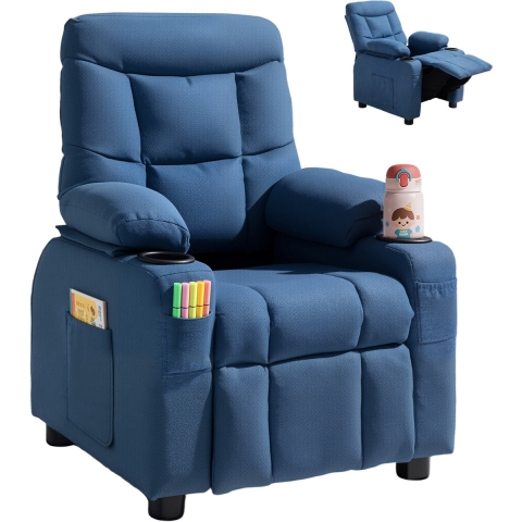 VEVOR Kinderfauteuil met bekerhouders en zakken, 107° tot 126° verstelbare rugleuning, ademend polyesterweefsel, relaxfauteuil met voetenbankje, voor jongens en meisjes (blauw)