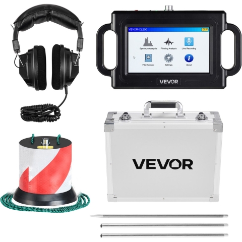 VEVOR-waterlekdetector voor leidingen, 1 Hz–5000 Hz, 7-inch touchscreen, lekdetector voor leidingen tot 2 m diep – met sensor, 3 luisterstangen, hoofdtelefoon, 8 GB-kaart en draagtas