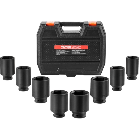 VEVOR Slagsleutelset voor asmoeren, 12,7 mm aandrijving, diepe 12-punts dopsleutelset, 8-delig, metrisch, CR-MO dopsleutelset met opbergkoffer, autoreparatie, zwart