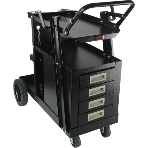 VEVOR Laswagen 2 planken met 4 lades Lasmobiel Max. 100-120 kg Wagen voor lasapparatuur met 2 gasfleshouders Ideaal voor handmatig lassen, lassen met afgeschermd gas, argonbooglassen