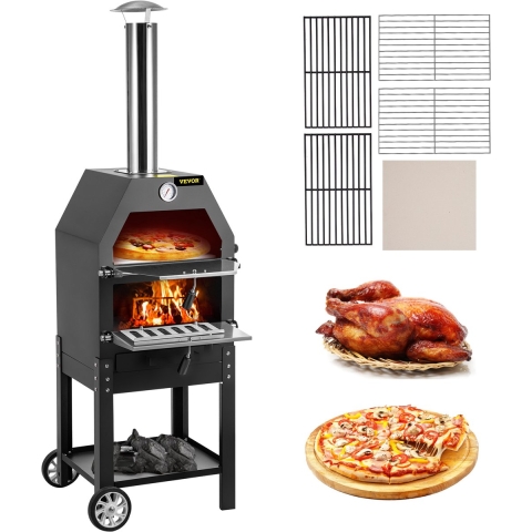 VEVOR Draagbare Pizzaoven Buiten 30 cm Roestvrijstalen Pizzaoven 458 x 464 x 1418 mm Houtgestookte Pizzaoven Buiten Gemaakt van Gietijzer en Roestvrij Staal Ideaal voor Verschillende Buitenbakplaatsen