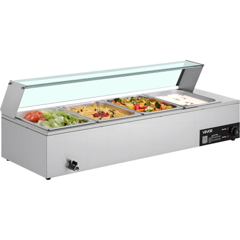 VEVOR Commerciële Voedselverwarmer (4 x 1/2 Maat Containers), 1,5 kW Elektrische RVS Warmhoudcontainer met Glazen Deksel & Soeplepel, Chafing Dish Set voor Catering Restaurant Feesten
