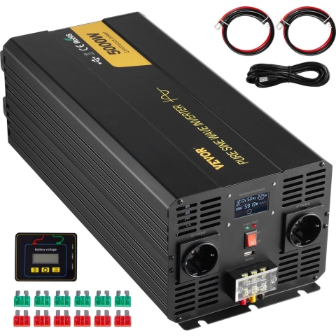 VEVOR 5000 Watt zuivere sinusomvormer, DC 12V naar AC 230V autoomvormer met LCD-scherm, USB-poort en afstandsbediening, spanningsomvormer voor auto, camper, vrachtwagen, zonne-energiesysteem, reizen, kamperen
