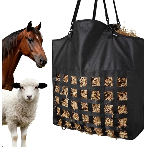 VEVOR hooizak voor paarden, 55x18,5x64 cm, maaswijdte 4,6x4,6 cm, nylon constructie met PVC-coating, verstelbare ophangriemen en metalen haken, hooizak voor langzaam voeren.